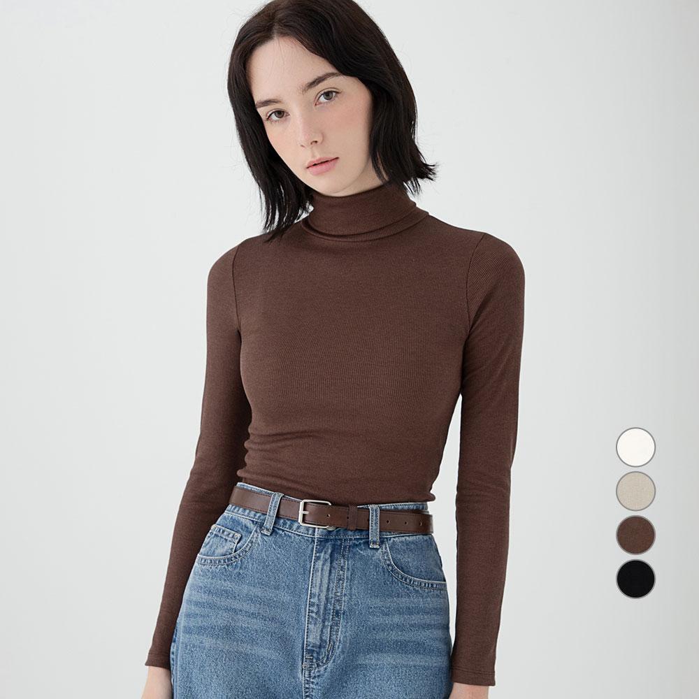 ELLE PARIS 여성용 데일리 긴팔 터틀넥 골지 티셔츠